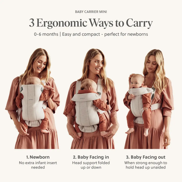BabyBjorn Mini Baby Carrier, Soft &amp; Lightweight Mesh Fabric, 3 Carrying Positions, Ergonomic Hip and Head Support, Adjustable Waistbelt &amp; Cross Straps, Easy to Use, Birth to 12 Months (upto 11kg) - Grey