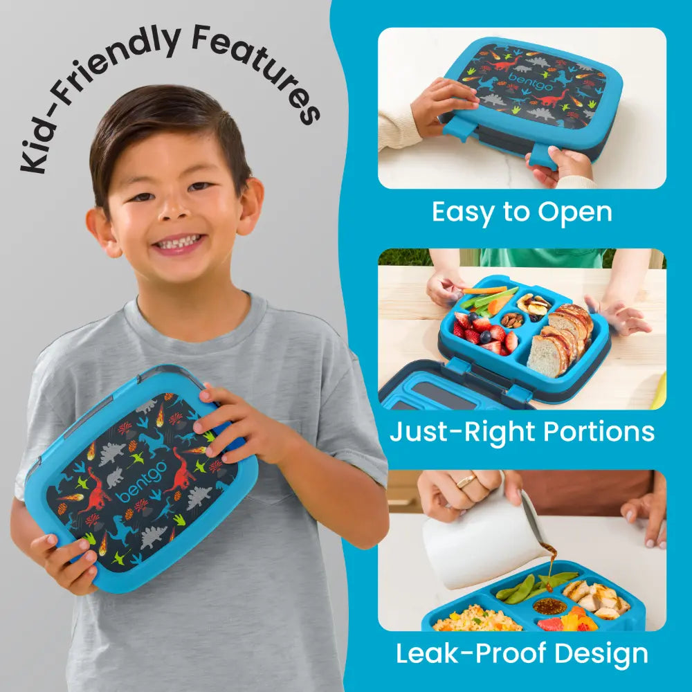 Bentgo Kids Prints with 5 Compartments, Leak-Proof Bento Lunch Box, BPA &amp; PFAS-Free, Microwave &amp; Dishwasher Safe Tray,  3–7 Years - Dinosaur