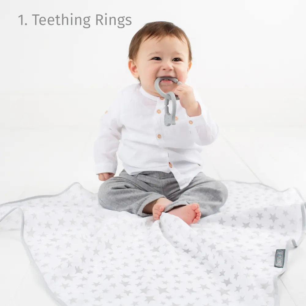 Cheeky Chompers 6-in-1 Muslin Breastfeeding Cover &amp; Teething Cloth, Bamboo &amp; Organic Cotton, Multi-Use Baby Essential with Silicone Teething Rings, Lightweight &amp; Breathable, Newborn+ - Silver Stars