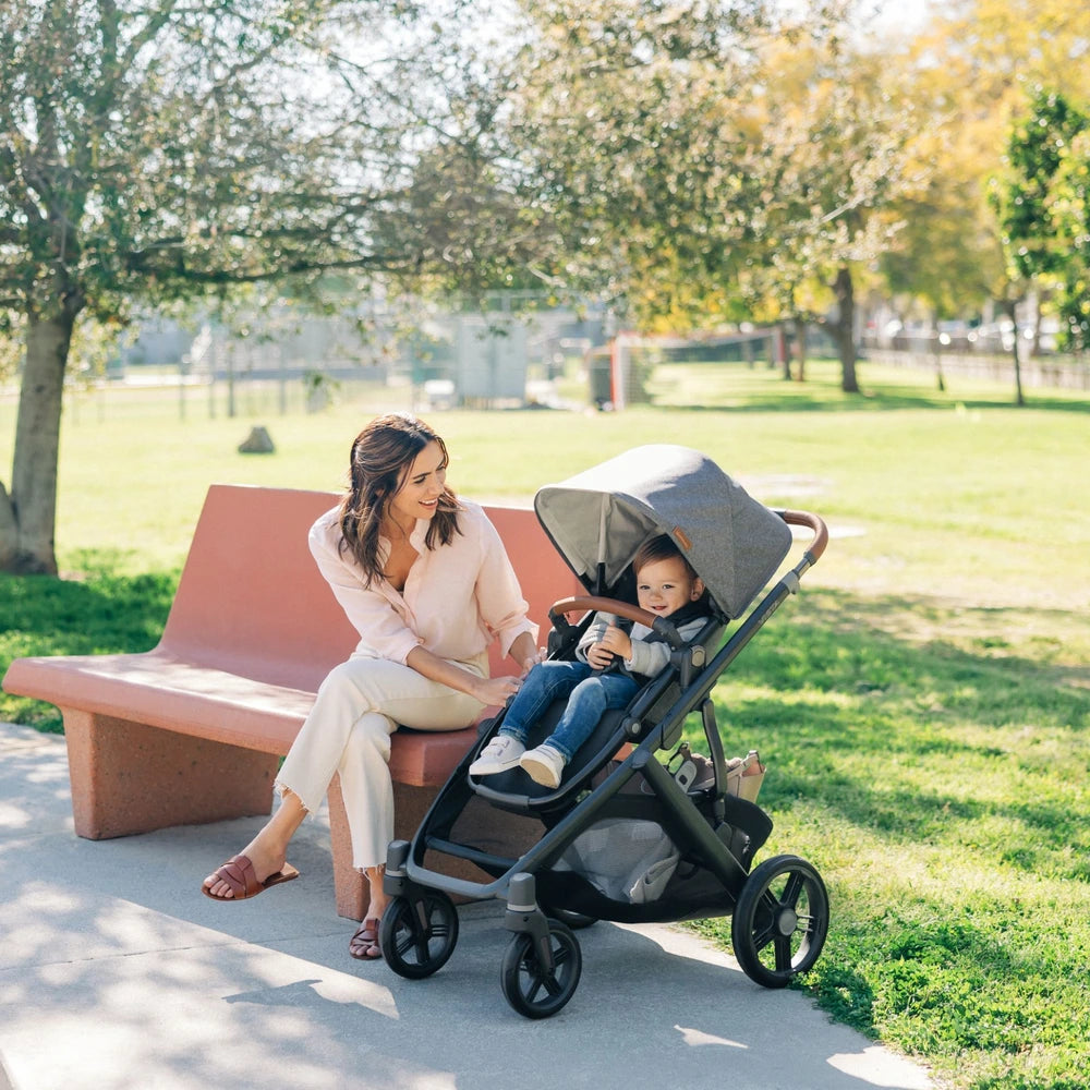 UPPAbaby Vista V3 Reversible Seat Stroller, Flat Recline, Multiple Seat Configurations, Converts to Sibling Stroller, Includes Insect Net and Rain Cover, up to 4 Years - Evelyn/Meadow Green