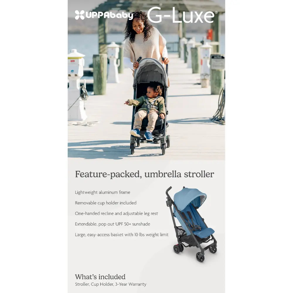 UPPAbaby G-Luxe Lightweight Compact Stroller, Easy Fold, Flat Recline, Travel Friendly, Includes Cup Holder, Carry Strap, Sun Canopy up to 4 years - Blue/Charlotte