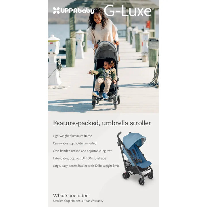 UPPAbaby G-Luxe Lightweight Compact Stroller, Easy Fold, Flat Recline, Travel Friendly, Includes Cup Holder, Carry Strap, Sun Canopy up to 4 years - Blue/Charlotte