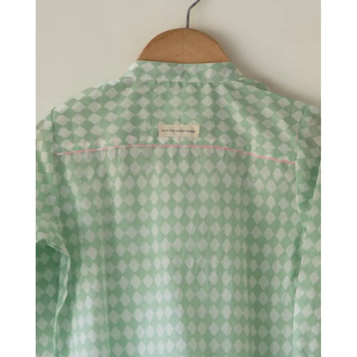 Love The World Today Unisex Barefoot Boy Shirt In Sage Green Rhombus