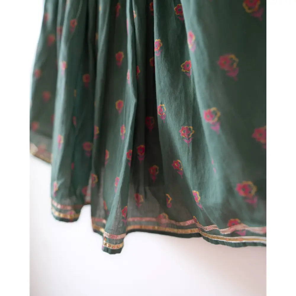Love The World Today Kopal Magenta Polka Blouse &amp; Green Floral Booti Lehenga Set For Girls