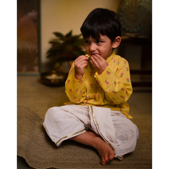 Love The World Today Meera Yellow Flower Booti Cotton Kurta For Boys