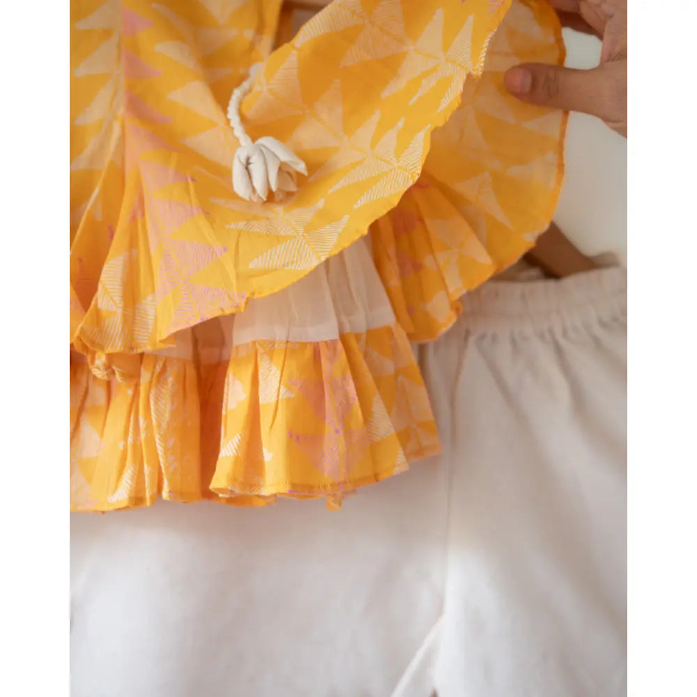 Love The World Today Chandan Mustard Yellow Ruffle Top &amp; Off-White Palazzo Set For Girls
