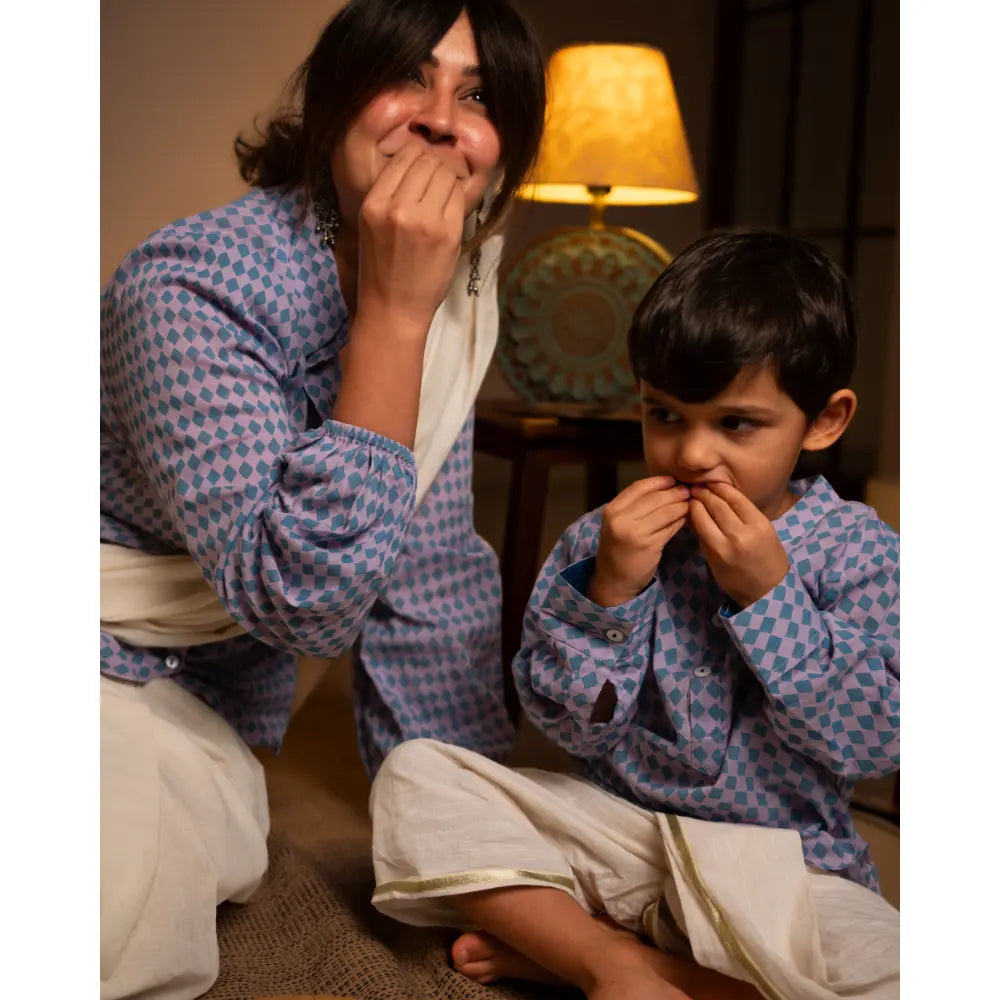 Love The World Today Saaz Purple Rhombus Full Sleeve Shirt Kurta For Boys