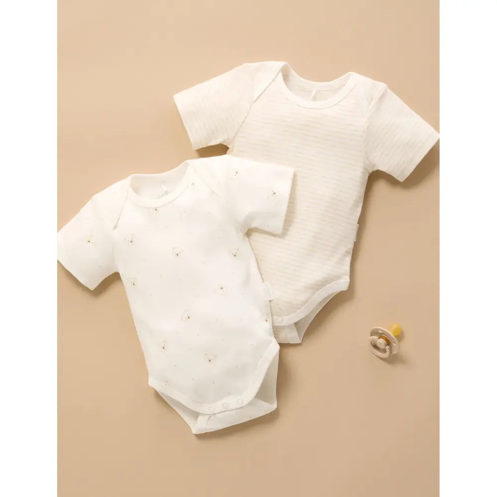 Purebaby Unisex Pack of 2 Bear Organic Cotton Easy Neck Bodysuits - Vanilla