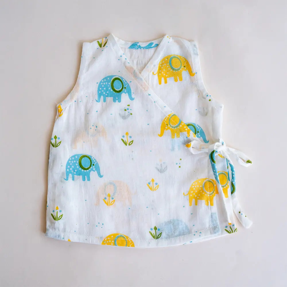 PureCloth.Co Yellow Floral Elephant Muslin Jablas - Off-White