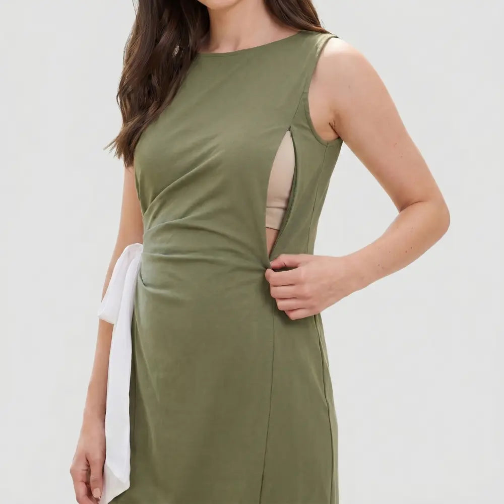 SOL MAMA Side Bow Tie Dress - Olive Green