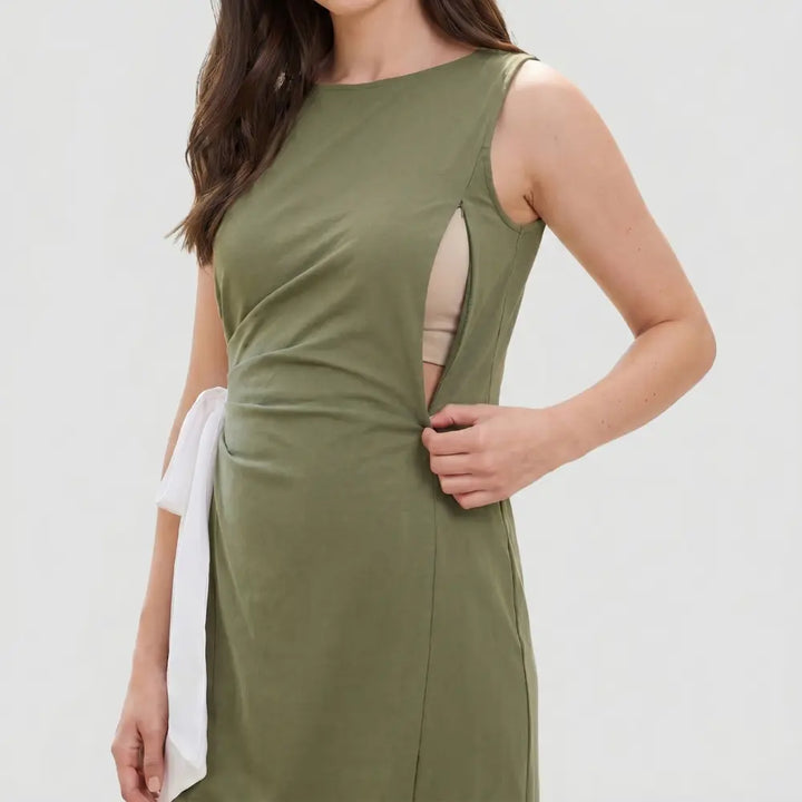 SOL MAMA Side Bow Tie Dress - Olive Green