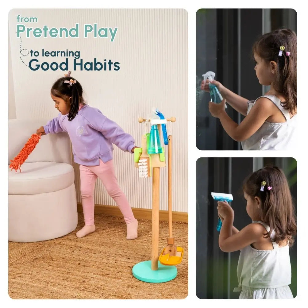 Curious Cub Wooden Kids Cleaning Play Set | Pretend Play Mop, Brush &amp; Spray Bottle | Montessori Life Skills Toy | 1 Year+