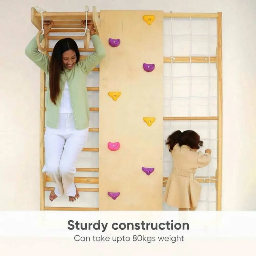 Curious Cub Wall Mounted Indoor Jungle Gym | Including 5 Activities - Monkey Bar, Rope Climbing, Rock Cimbing, Gymnastic Rings and Wooden Ladder | Active Play | Ages 2-9 Years