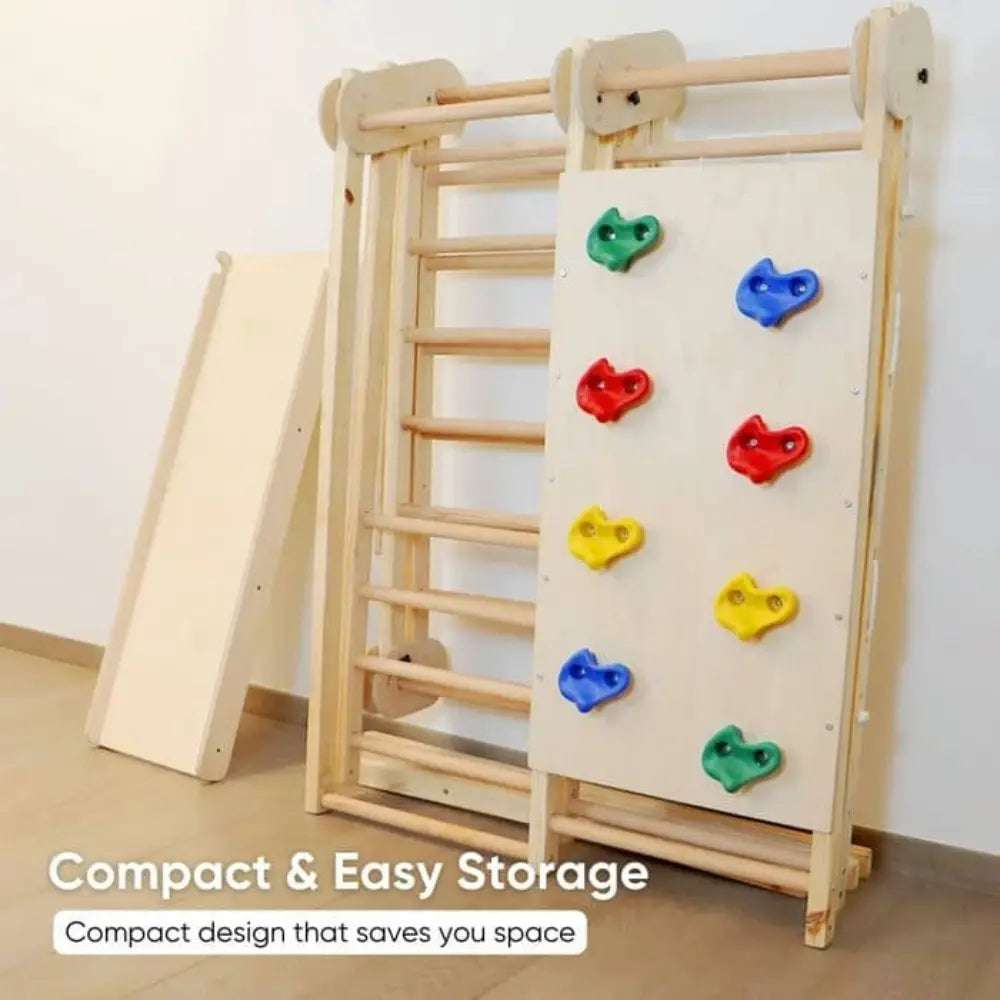 Curious Cub Foldable Indoor Jungle Gym | Montessori Multi-Activity like Slide, Swing, Monkey Bar, Rope Climbing, Rock Climbing, Wooden Ladder | Space-Saving | Ages 2-8 Years
