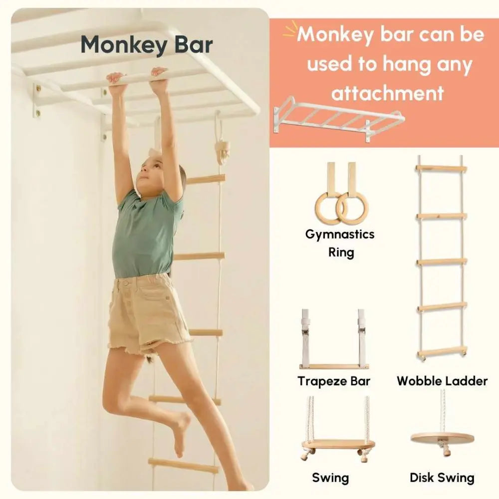 Curious Cub Ultimate Jungle Gym 2 | 6 Components - Monkey Bar, Wooden Ladder, Rope Ladder, Gymnastic Rings, Swing Trapeze bar | Ages 4-15 Years