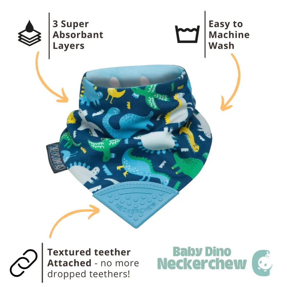 Cheeky Chompers Neckerchew for Babies &amp; Toddlers, Reversible Bib with Attached Silicone Teether, Super Absorbent, BPA-Free, 2–24 Months - Baby Dino