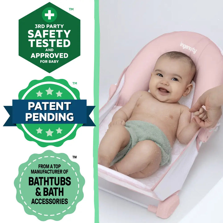 Ingenuity FoldAway 2-Position Baby Bath Bather with Mesh Sling &amp; Headrest, Pink, 0–6 Months, Upto 9 kgs