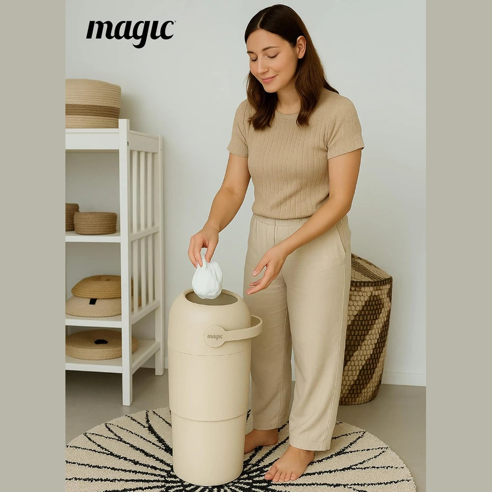 Magic THOTH M Diaper Pail, Odorless Nappy Bin, Compact &amp; Space-Saving Design, Compatible with Regular Plastic Bags, Converts for 2nd Life Use, Holds Up to 25 Newborn Diapers - Beige