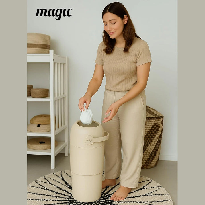 Magic THOTH M Diaper Pail, Odorless Nappy Bin, Compact &amp; Space-Saving Design, Compatible with Regular Plastic Bags, Converts for 2nd Life Use, Holds Up to 25 Newborn Diapers - Beige