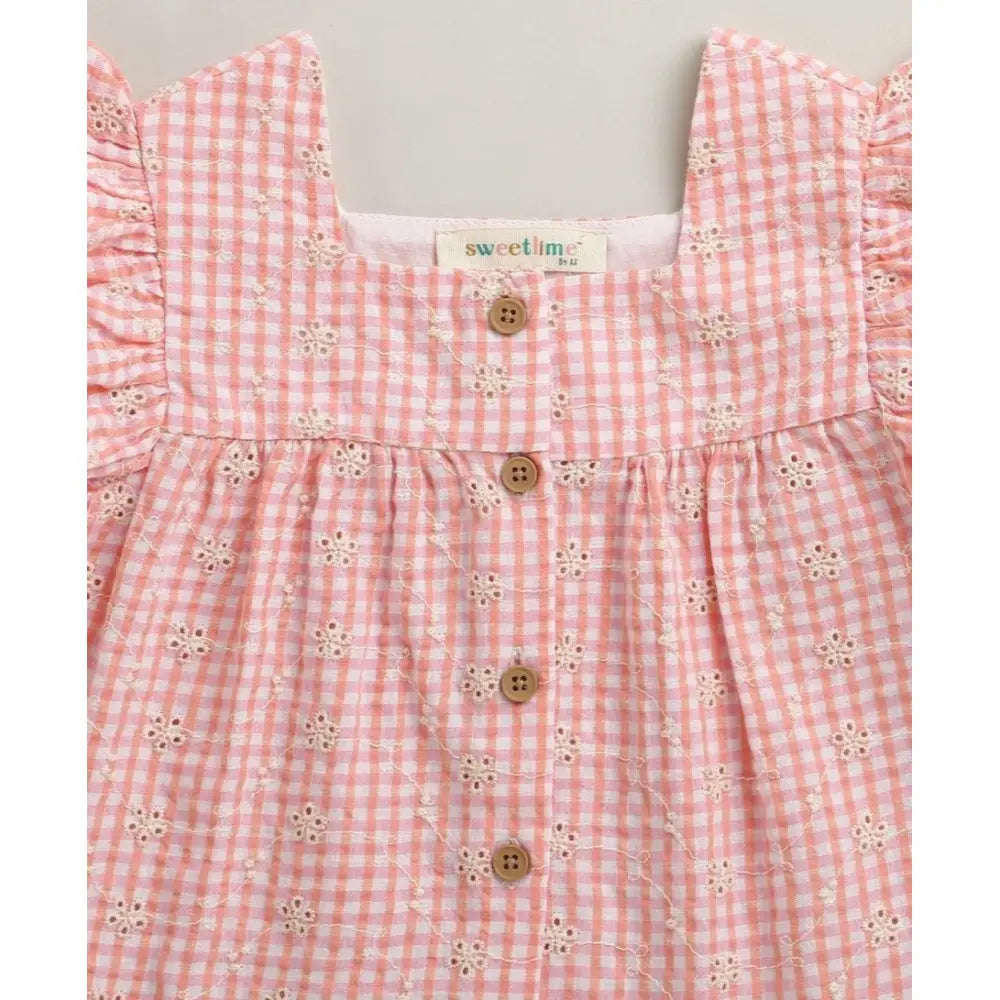 Sweetlime By AS Baby Girls Gingham Daisy Organic Cotton Co-ord Set with a Hat - Soft Pink