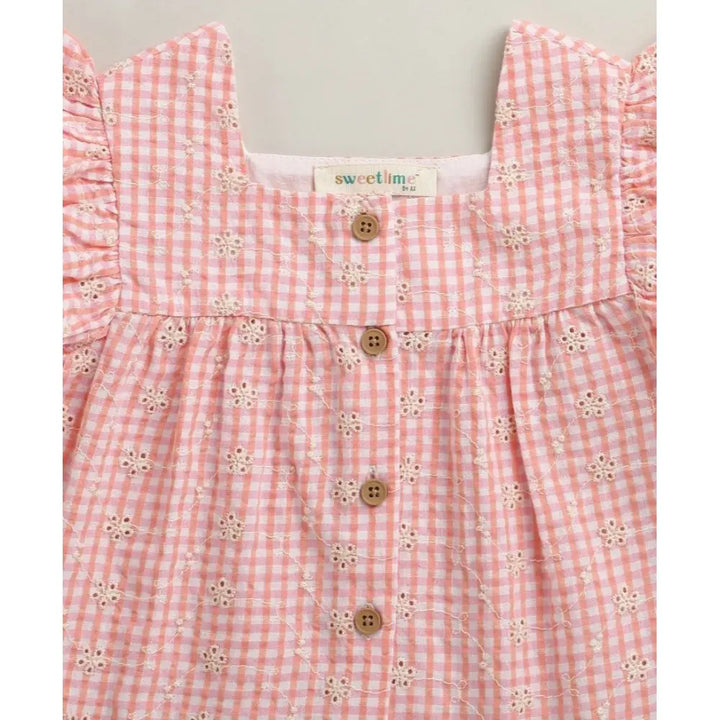 Sweetlime By AS Baby Girls Gingham Daisy Organic Cotton Co-ord Set with a Hat - Soft Pink