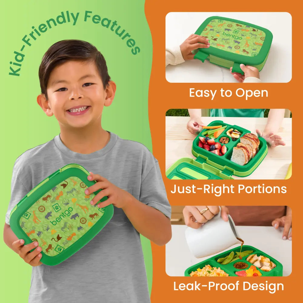 Bentgo Kids Prints with 5 Compartments, Leak-Proof Bento Lunch Box, BPA &amp; PFAS-Free, Microwave &amp; Dishwasher Safe Tray,  3–7 Years - Safari