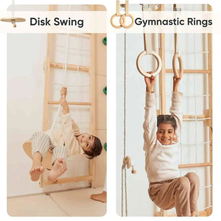 Curious Cub Space Saver Jungle Gym 4 | 5 Components - Wooden Ladder, Rope Ladder, Monkey Bar, Gymnastics Rings, Disk Swing | Ages 4-15 Years