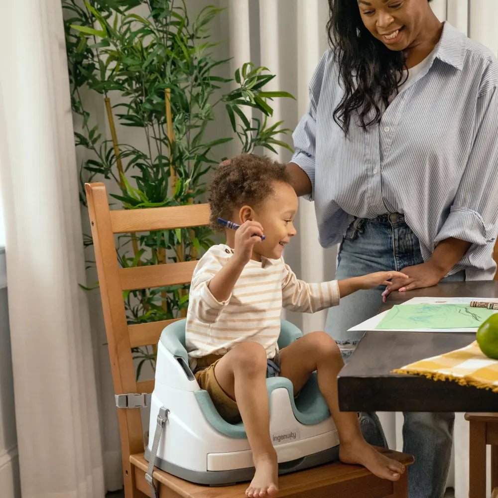 Ingenuity Baby Base 2-in-1 Booster Seat with Removable Tray &amp; Toddler Seat Conversion, Designed for Feeding &amp; Playtime, 6 - 36 months, Mist
