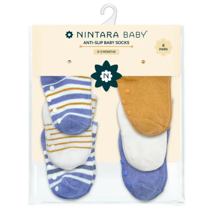 Nintara Anti-Slip Baby Socks - Set of 6 | Blue Bundle (0-3M)