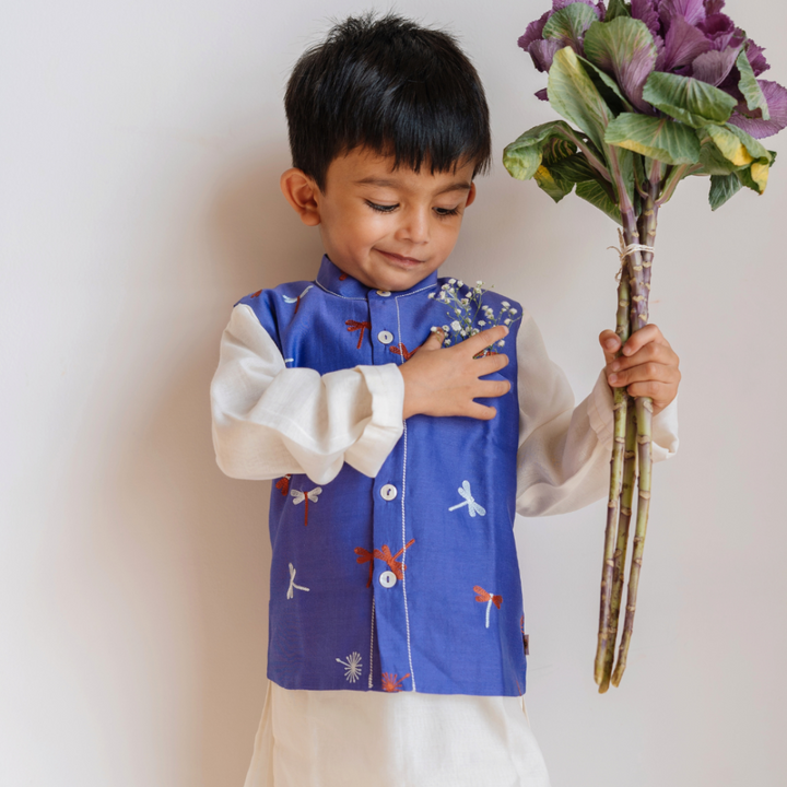 Dulaar Chanderi Kurta Pyjama &amp; Bandi Set - Dancing with Dragonflies