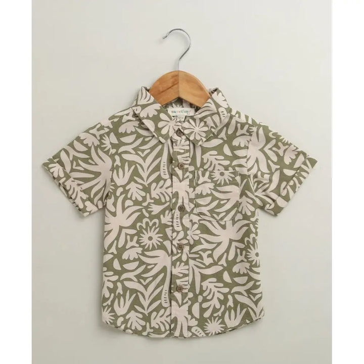 Sweetlime By AS Baby Boys Tropical Bloom Cotton Co-ord Set - Olive &amp; Beige