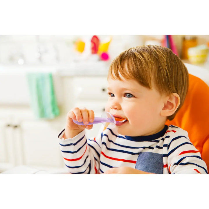 Munchkin Gentle Silicone Training Spoon Set – Anti-Choking Self-Feeding Spoons with Spoon Rest, BPA-Free, 6+ Months - Purple &amp; Pink
