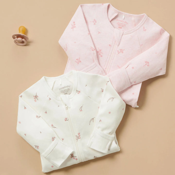 Purebaby Unisex Blossom Pack of 2 Organic Cotton Baby Growsuits - Pink