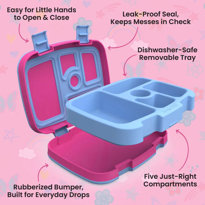 Bentgo Kids Prints with 5 Compartments, Leak-Proof Bento Lunch Box, BPA &amp; PFAS-Free, Microwave &amp; Dishwasher Safe Tray,  3–7 Years - Rainbow &amp; Butterflies