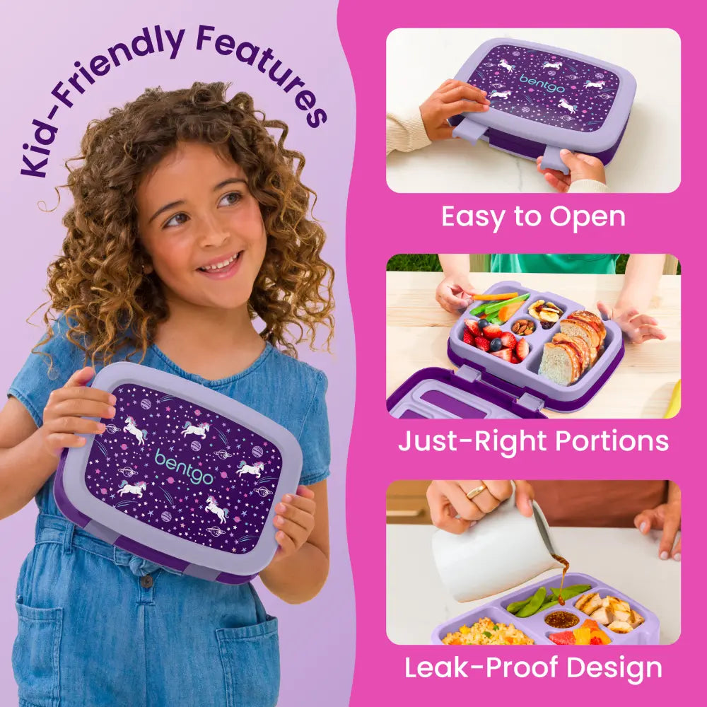 Bentgo Kids Prints with 5 Compartments, Leak-Proof Bento Lunch Box, BPA &amp; PFAS-Free, Microwave &amp; Dishwasher Safe Tray,  3–7 Years - Unicorn