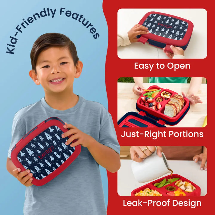 Bentgo Kids Prints with 5 Compartments, Leak-Proof Bento Lunch Box, BPA &amp; PFAS-Free, Microwave &amp; Dishwasher Safe Tray,  3–7 Years - Space Rocket