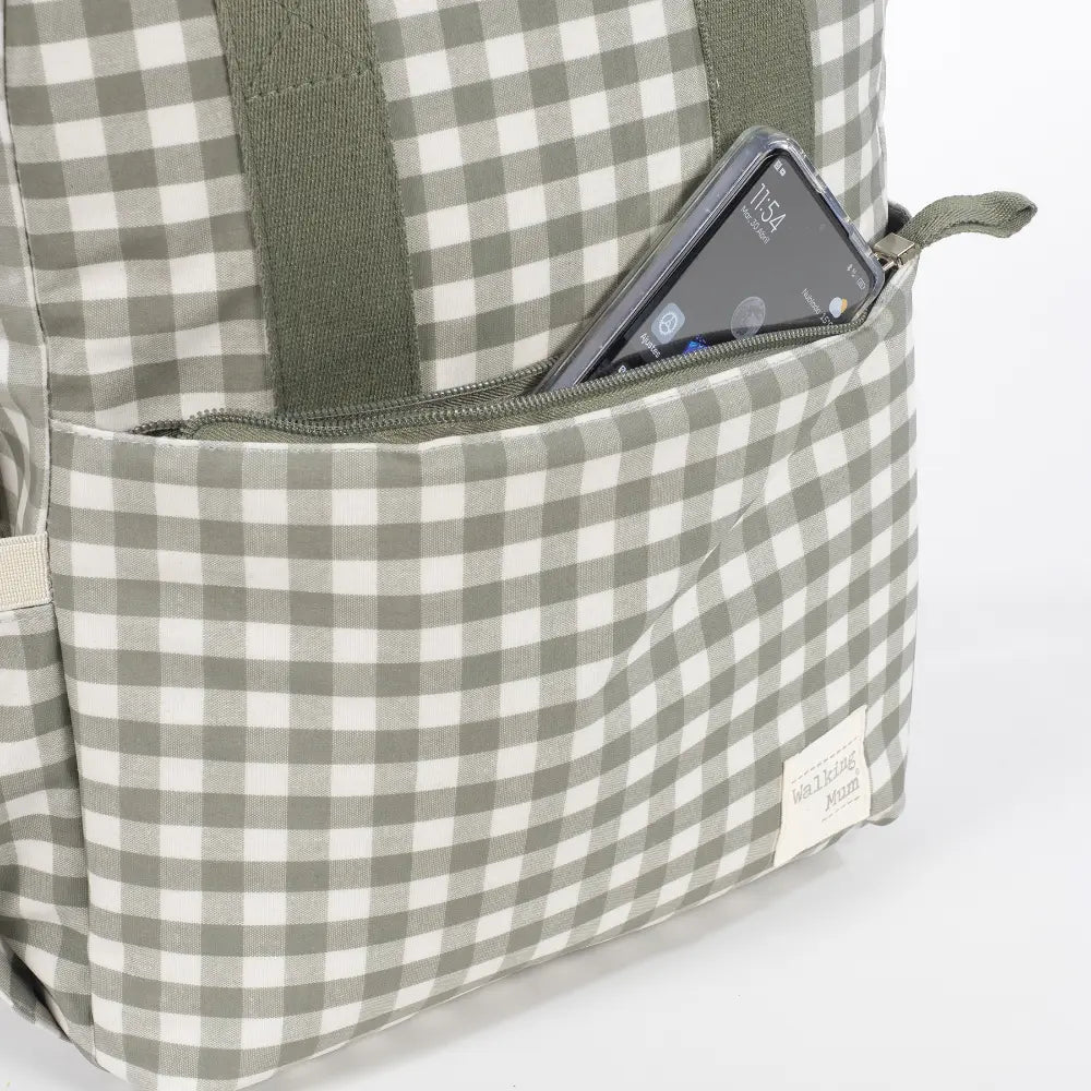 Walking Mum Diaper Backpack with Changing Pad, Large Capacity, Water-Resistant with Multi-Pocket Organizer, Insulated Bottle Pocket, Shoulder &amp; Stroller Straps, Personalized Charm, Checkered Print - Stone