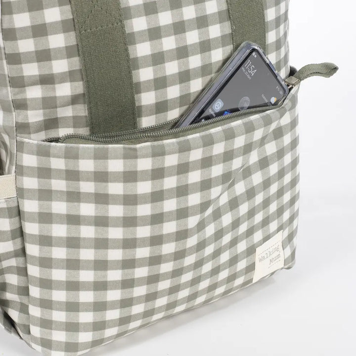 Walking Mum Diaper Backpack with Changing Pad, Large Capacity, Water-Resistant with Multi-Pocket Organizer, Insulated Bottle Pocket, Shoulder &amp; Stroller Straps, Personalized Charm, Checkered Print - Stone