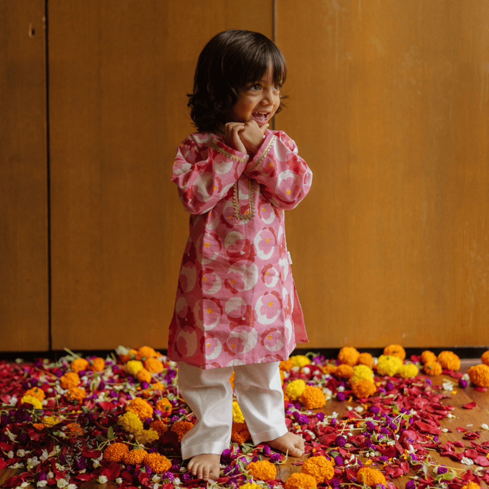 Dulaar Chanderi Kurta Pyjama Set | Hand-Block Printed (Gota Work) - Flowering Circles