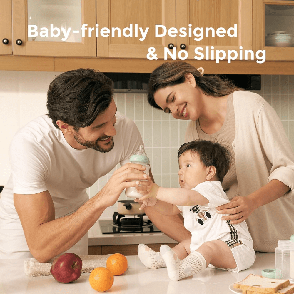 Momcozy Natural Breastfeeding Baby Bottles 11oz Wide-Neck Breast Milk Containers - Set of 4 (Green)