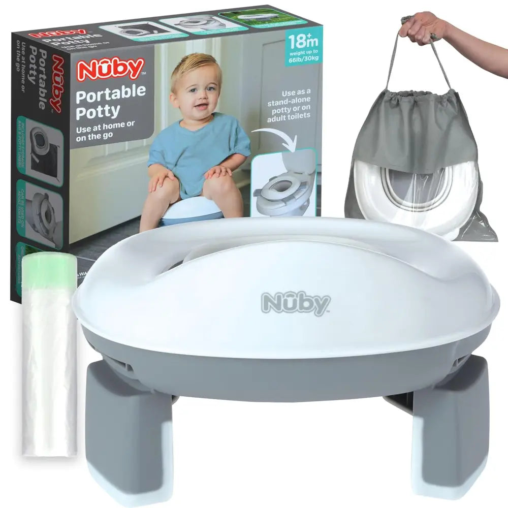 Nuby On-The-Go Portable Potty Seat | Travel Toilet Seat for Boys and Girls 18+ Months - Includes Storage Bag and Disposable Potty Liners |Toddler Travel Essentials | Toddler Potty Training Toilet - Gray/White