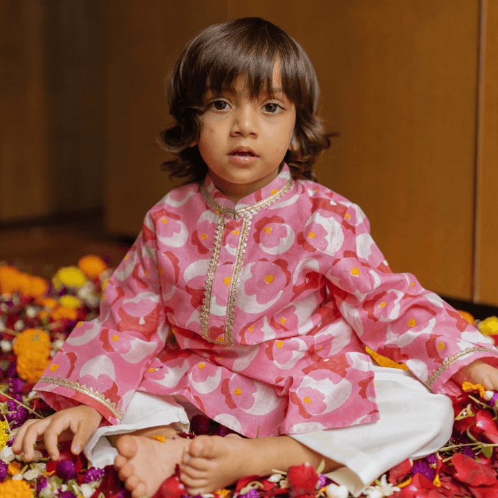 Dulaar Chanderi Kurta Pyjama Set | Hand-Block Printed (Gota Work) - Flowering Circles