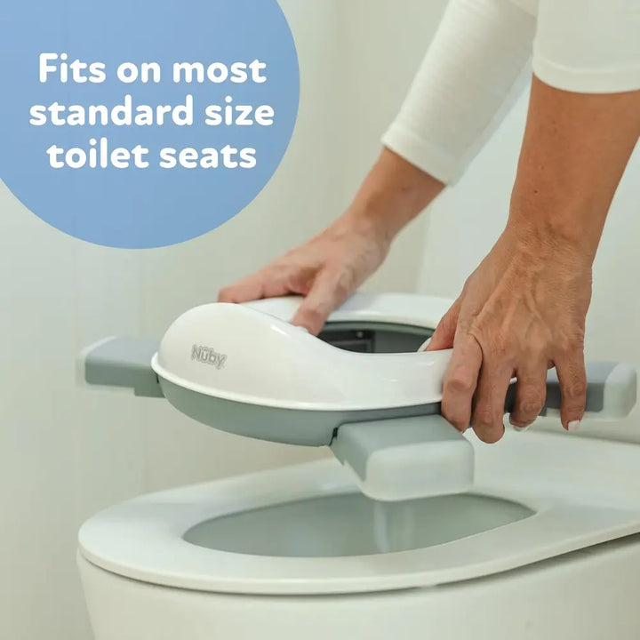 Nuby On-The-Go Portable Potty Seat | Travel Toilet Seat for Boys and Girls 18+ Months - Includes Storage Bag and Disposable Potty Liners |Toddler Travel Essentials | Toddler Potty Training Toilet - Gray/White