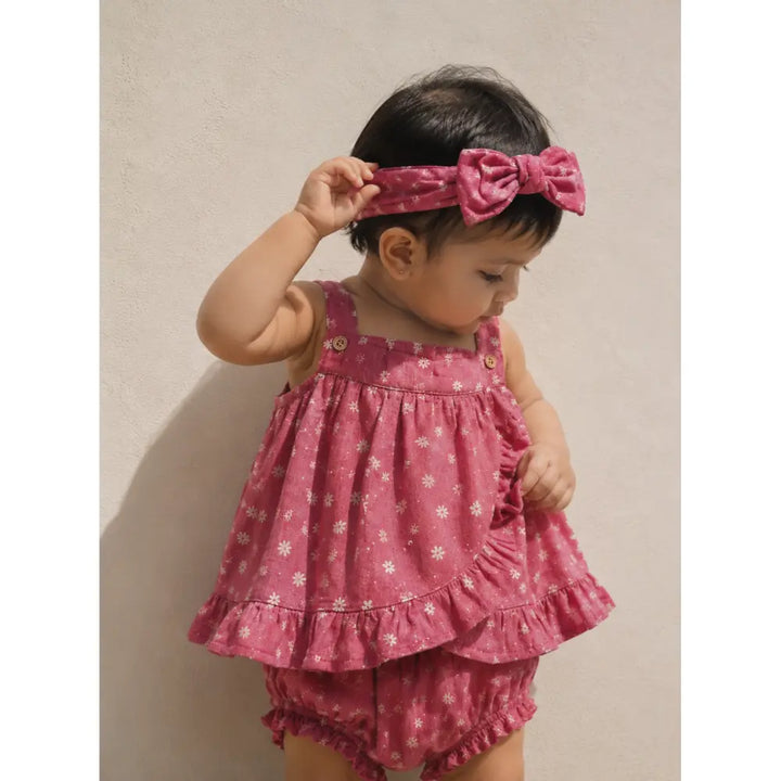 Pattuti Sustainable Double Gauge Set Of Dusty Red Print Frock Set With Panty + Hairband - Dusty Red