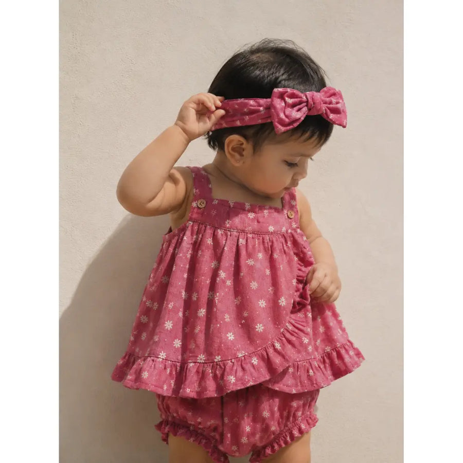 Pattuti Sustainable Double Gauge Set Of Dusty Red Print Frock Set With Panty + Hairband - Dusty Red