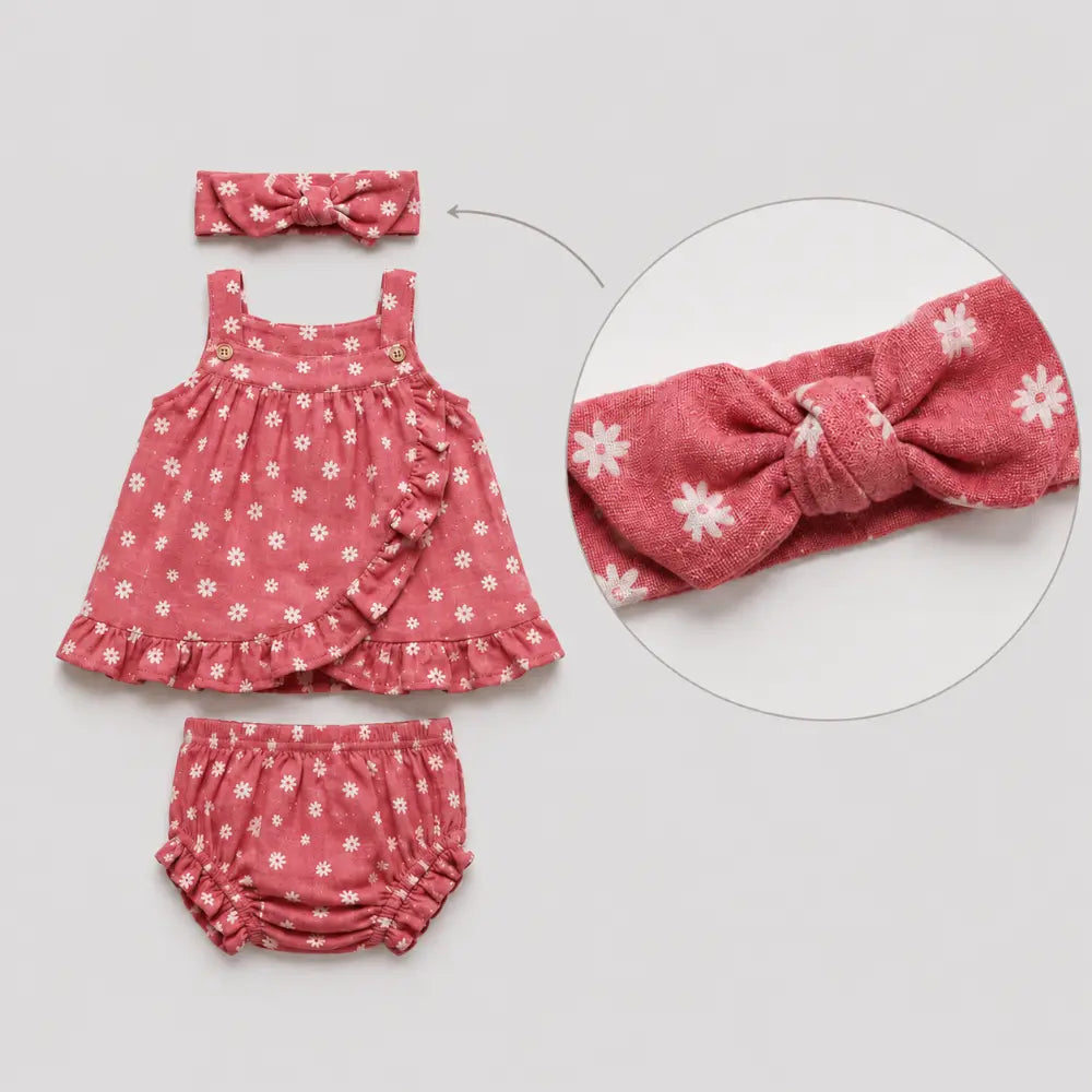 Pattuti Sustainable Double Gauge Set Of Dusty Red Print Frock Set With Panty + Hairband - Dusty Red