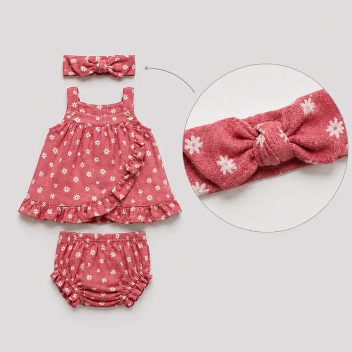 Pattuti Sustainable Double Gauge Set Of Dusty Red Print Frock Set With Panty + Hairband - Dusty Red