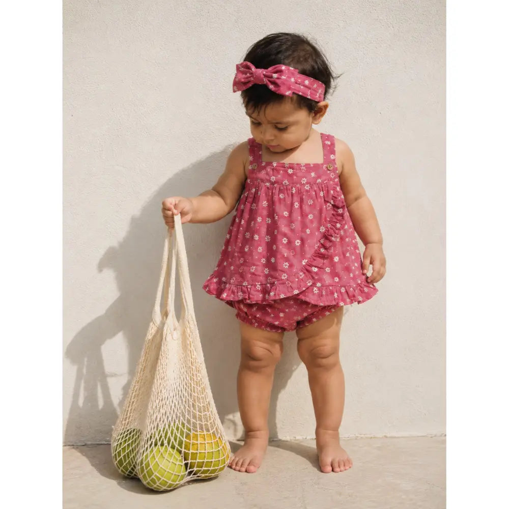 Pattuti Sustainable Double Gauge Set Of Dusty Red Print Frock Set With Panty + Hairband - Dusty Red
