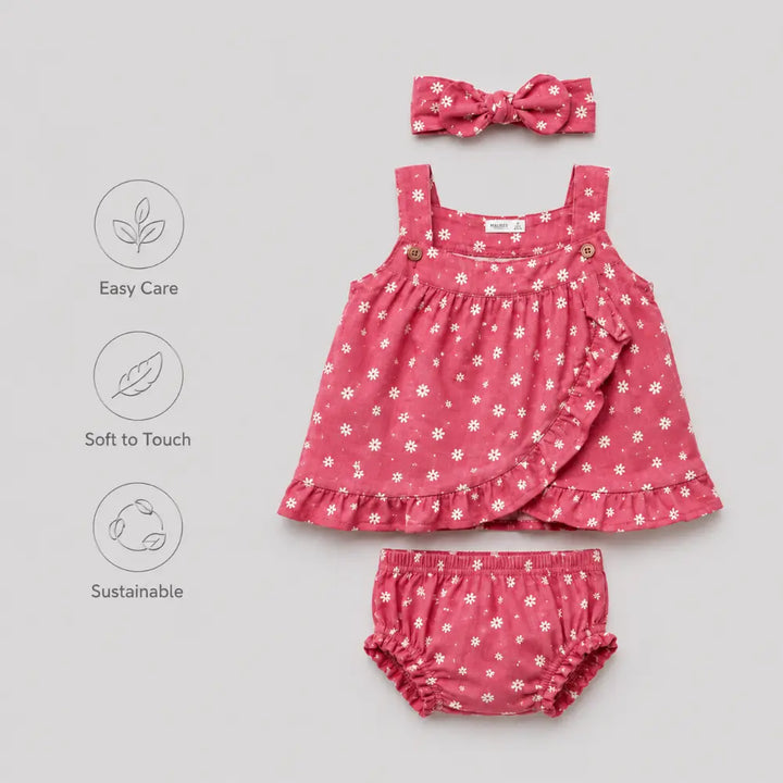 Pattuti Sustainable Double Gauge Set Of Dusty Red Print Frock Set With Panty + Hairband - Dusty Red