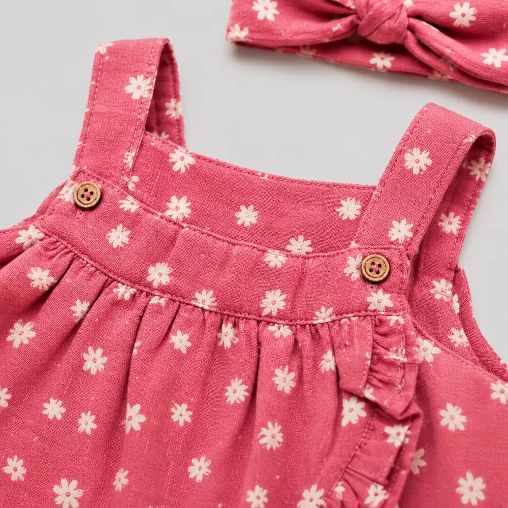 Pattuti Sustainable Double Gauge Set Of Dusty Red Print Frock Set With Panty + Hairband - Dusty Red